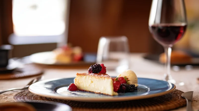 Slice of cheesecake with berries and ice cream on a blue plate beside a glass of red wine on a set dining table