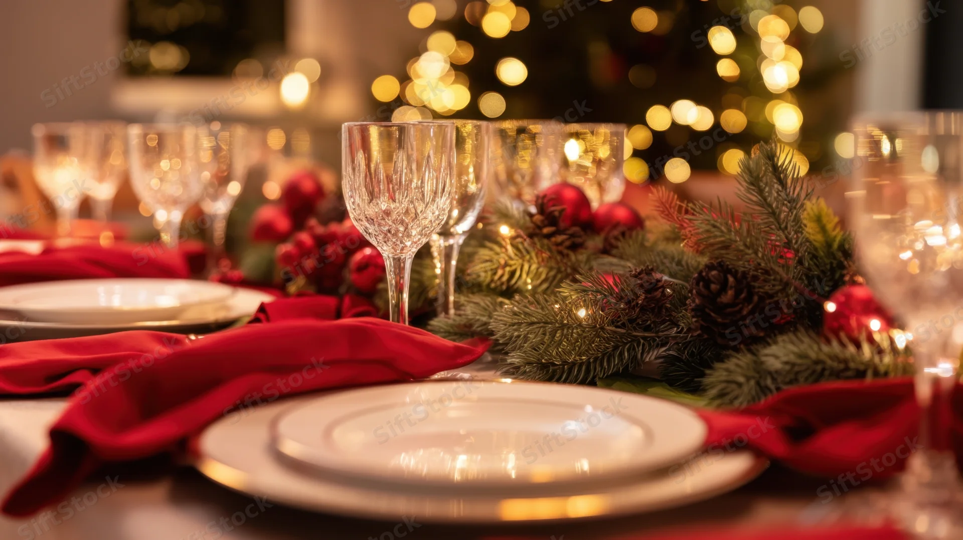 Festive dinner table set with pine centerpiece and red napkins in front of blurred christmas lights