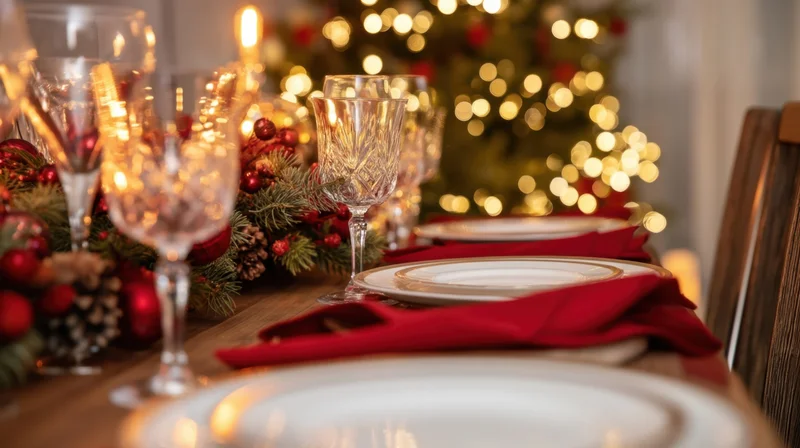 Festive dinner table set with red napkins, crystal glasses, and evergreen centerpiece in front of a lit christmas tree