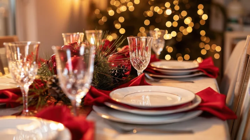 Dining table set for christmas dinner with red napkins and pine centerpiece, warm lights in background