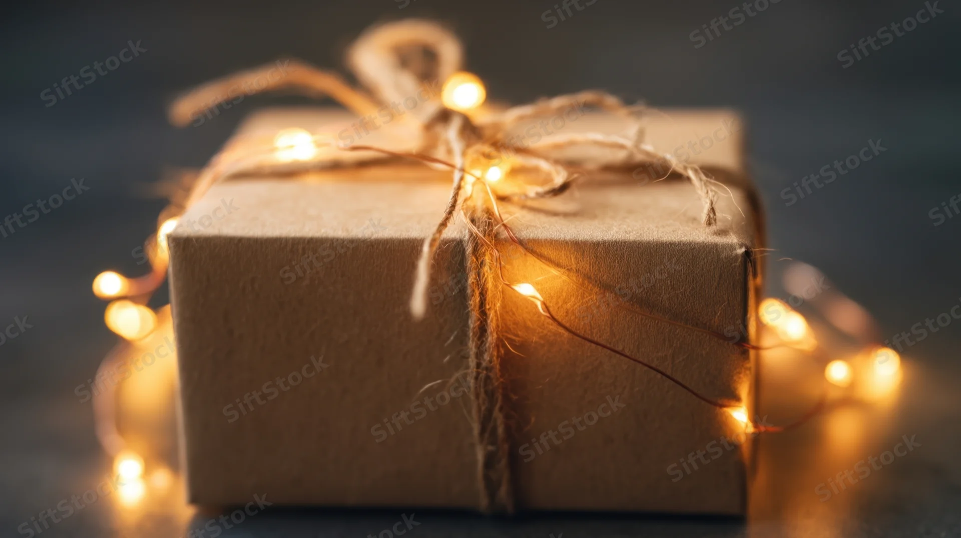 Gift box wrapped in brown paper with twine and warm fairy lights on dark surface