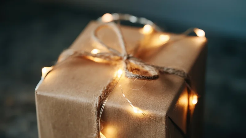 Gift box wrapped in brown paper with twine bow and warm fairy lights glowing softly