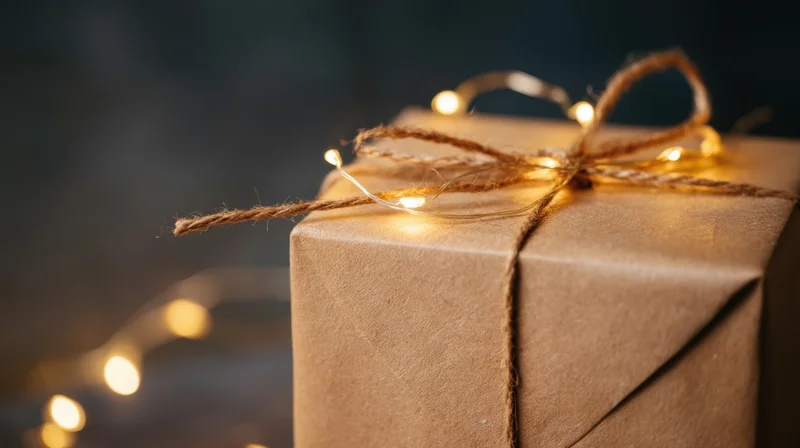 Gift box wrapped in brown paper with twine and fairy lights, warm glow against dark background