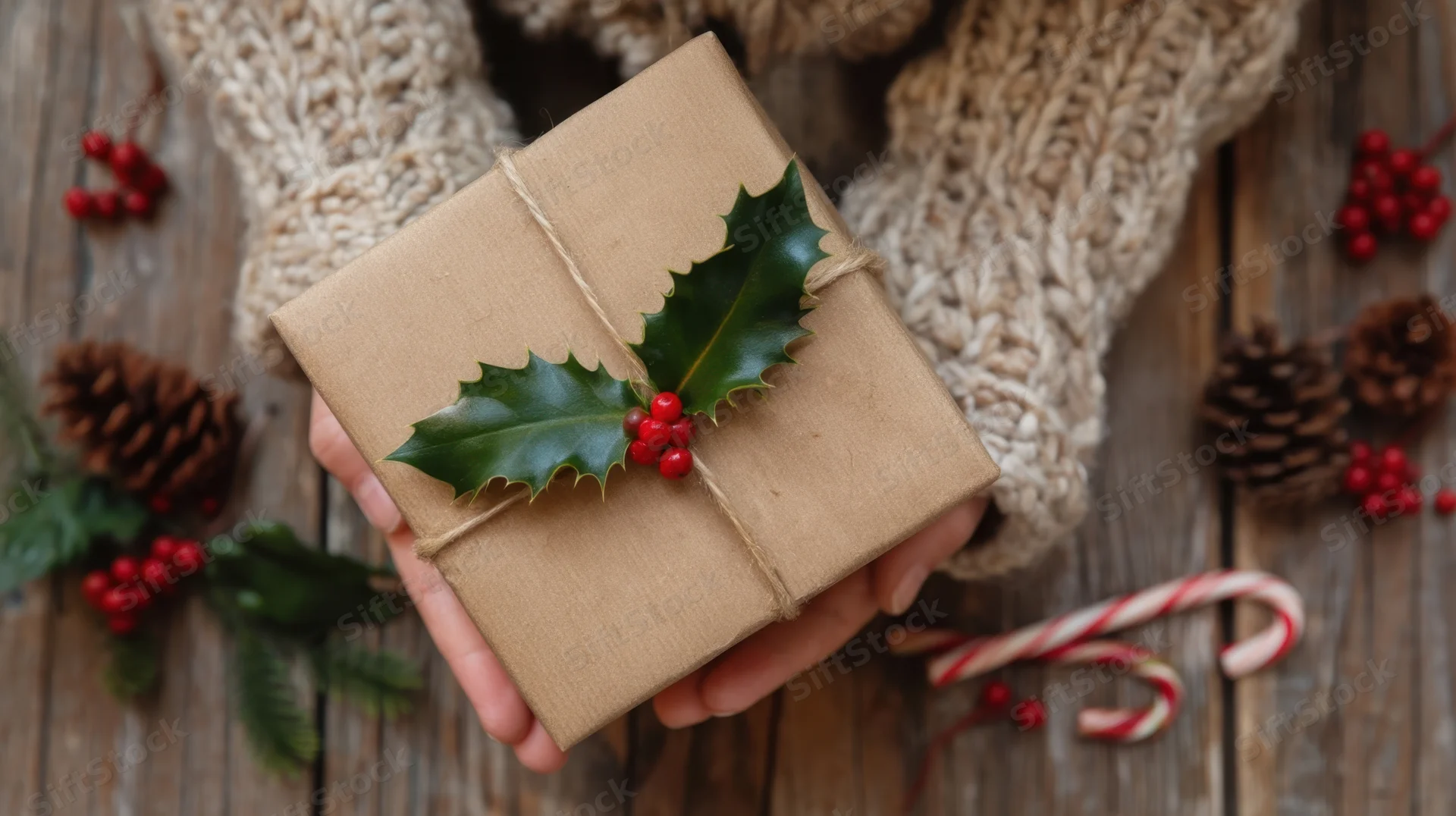 Hands holding a kraft-wrapped gift adorned with holly and berries on a wooden surface surrounded by pinecones and candy canes