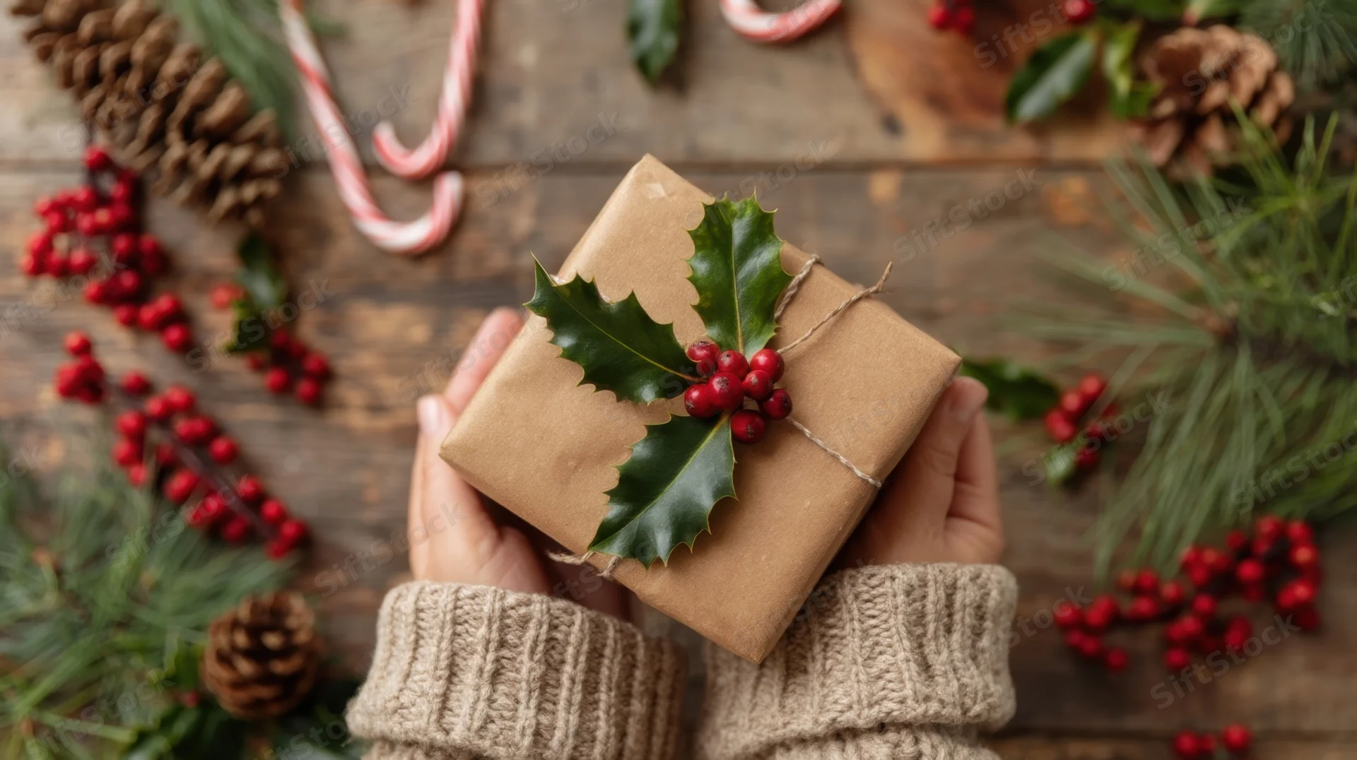 Hands holding a kraft-wrapped gift adorned with holly and berries on a wooden table surrounded by festive decorations