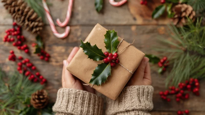 Hands holding a kraft-wrapped gift adorned with holly and berries on a wooden table surrounded by festive decorations
