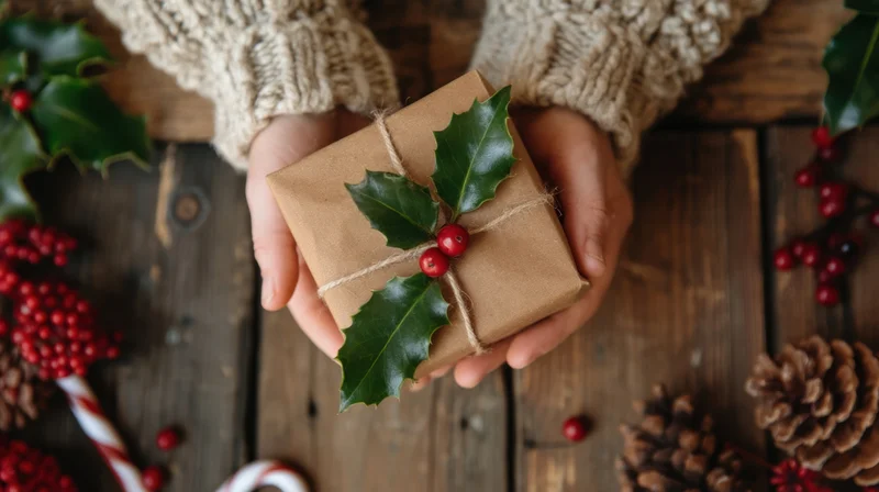 Hands holding a kraft-wrapped gift adorned with holly and berries on a wooden table surrounded by festive decor