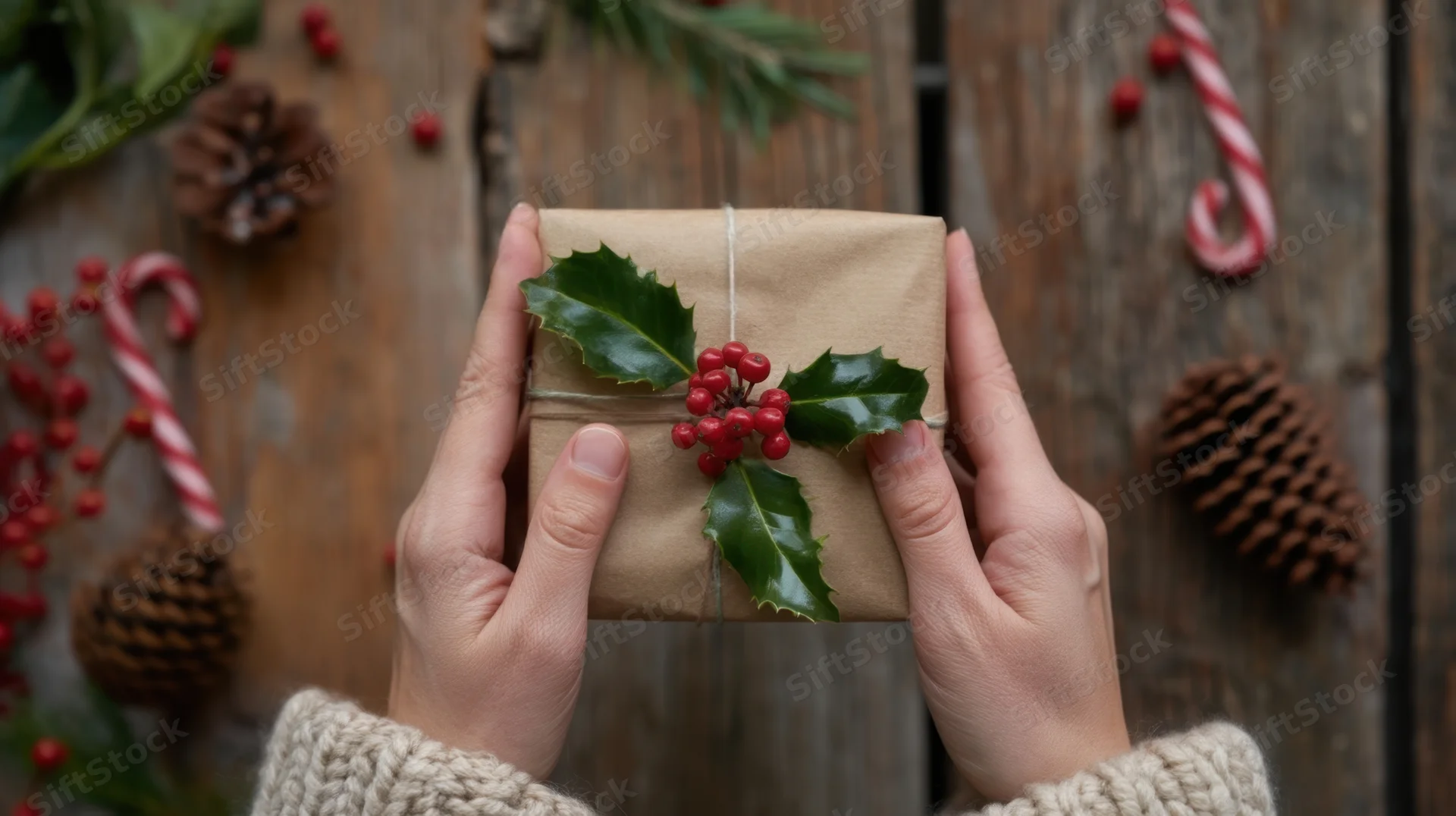 Hands holding a wrapped gift adorned with holly and berries on a wooden surface surrounded by holiday decorations