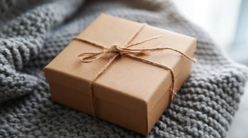 Gift box wrapped in kraft paper with twine bow resting on gray knitted sweater