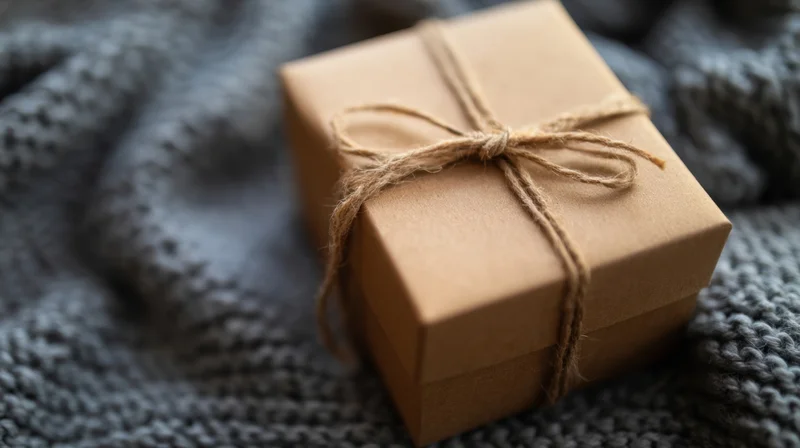 Gift box wrapped in kraft paper with twine bow resting on knitted sweater