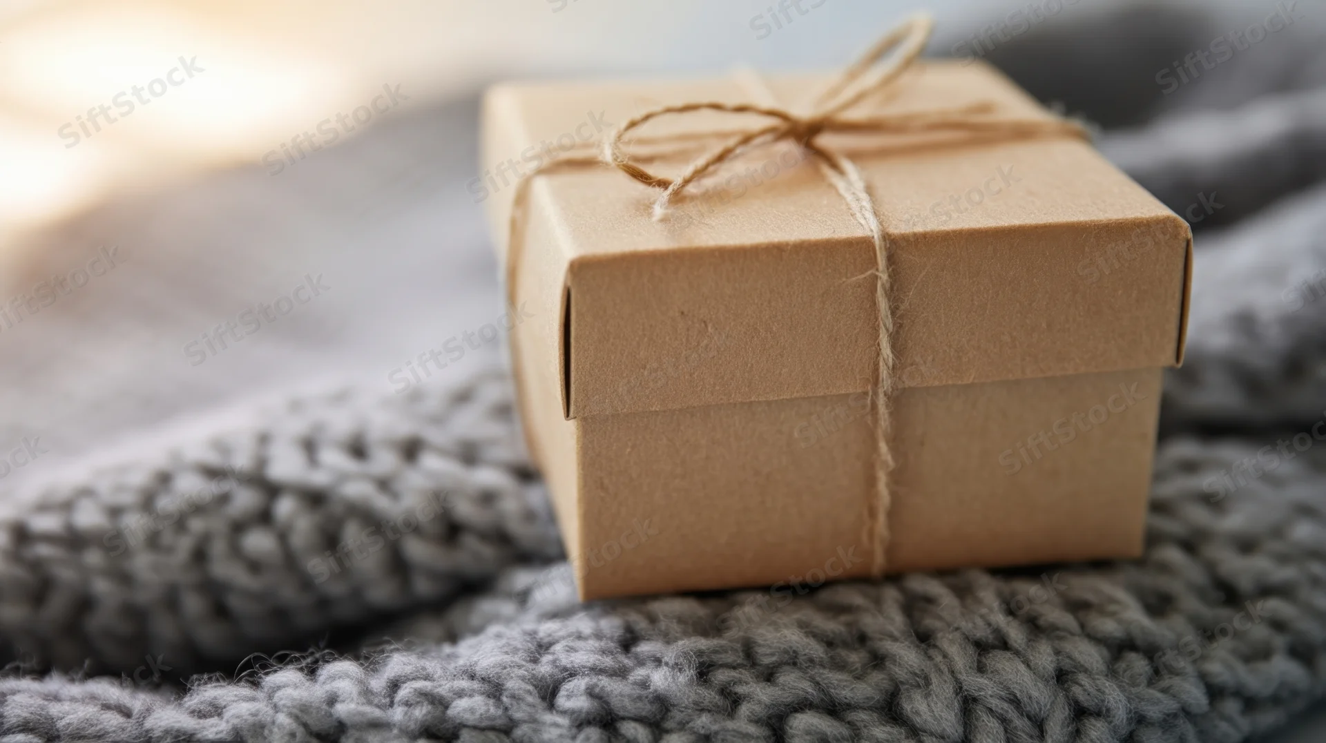 Kraft paper gift box tied with twine resting on a gray knitted sweater