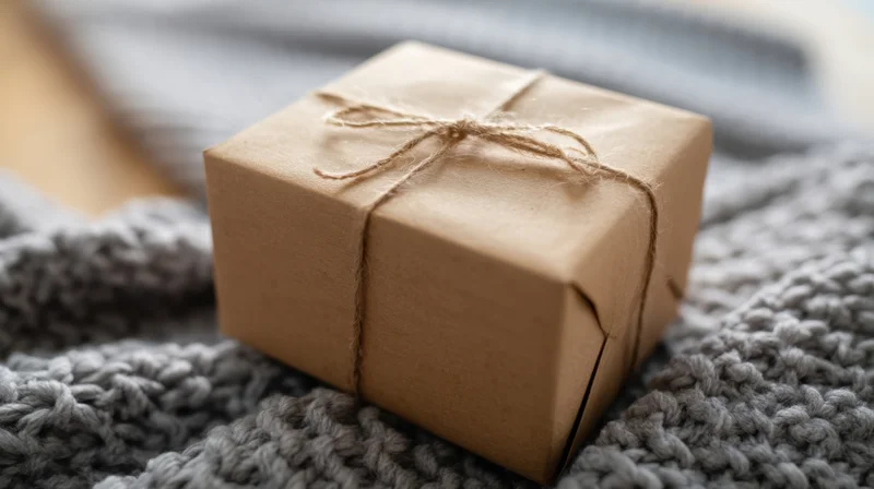 Small gift box wrapped in kraft paper with twine bow resting on a gray knitted blanket