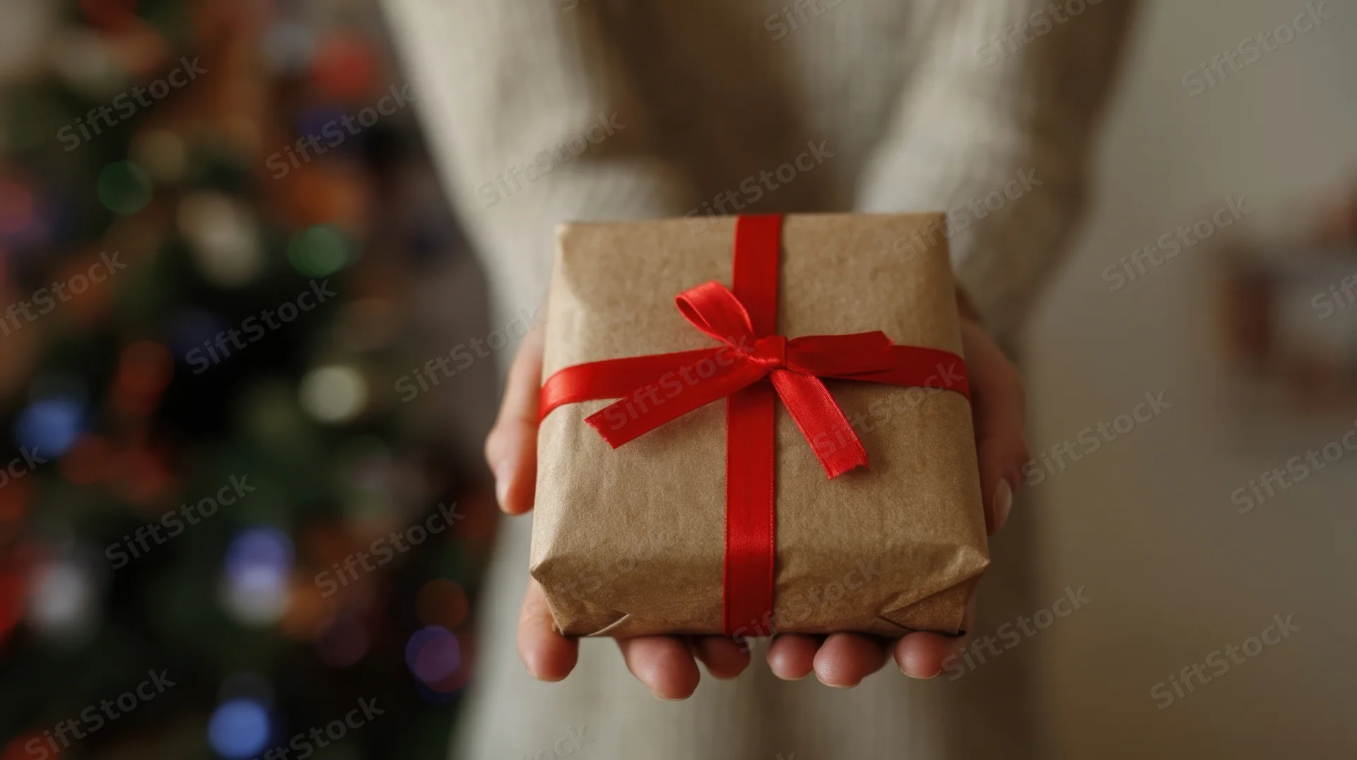 Woman holding a wrapped gift with red ribbon in front of a decorated christmas tree