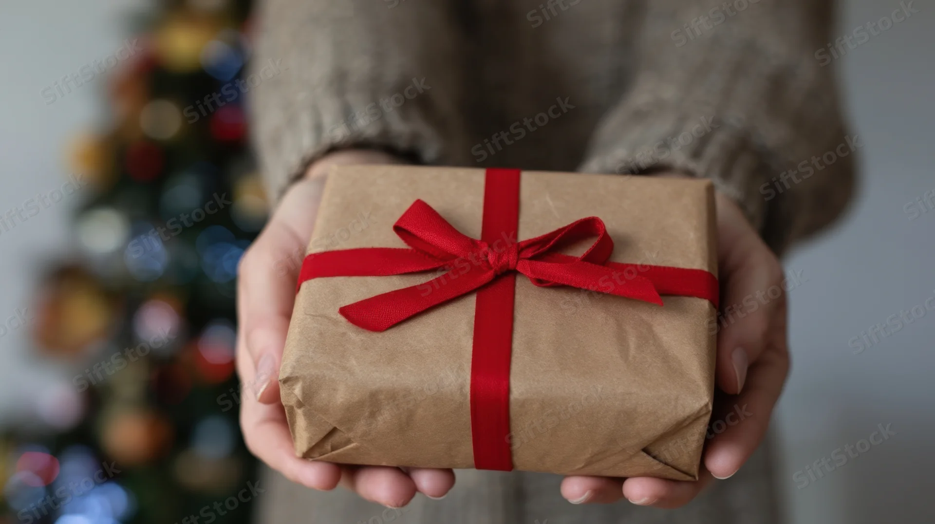 Hands holding a brown paper gift box with red ribbon in front of a blurred christmas tree