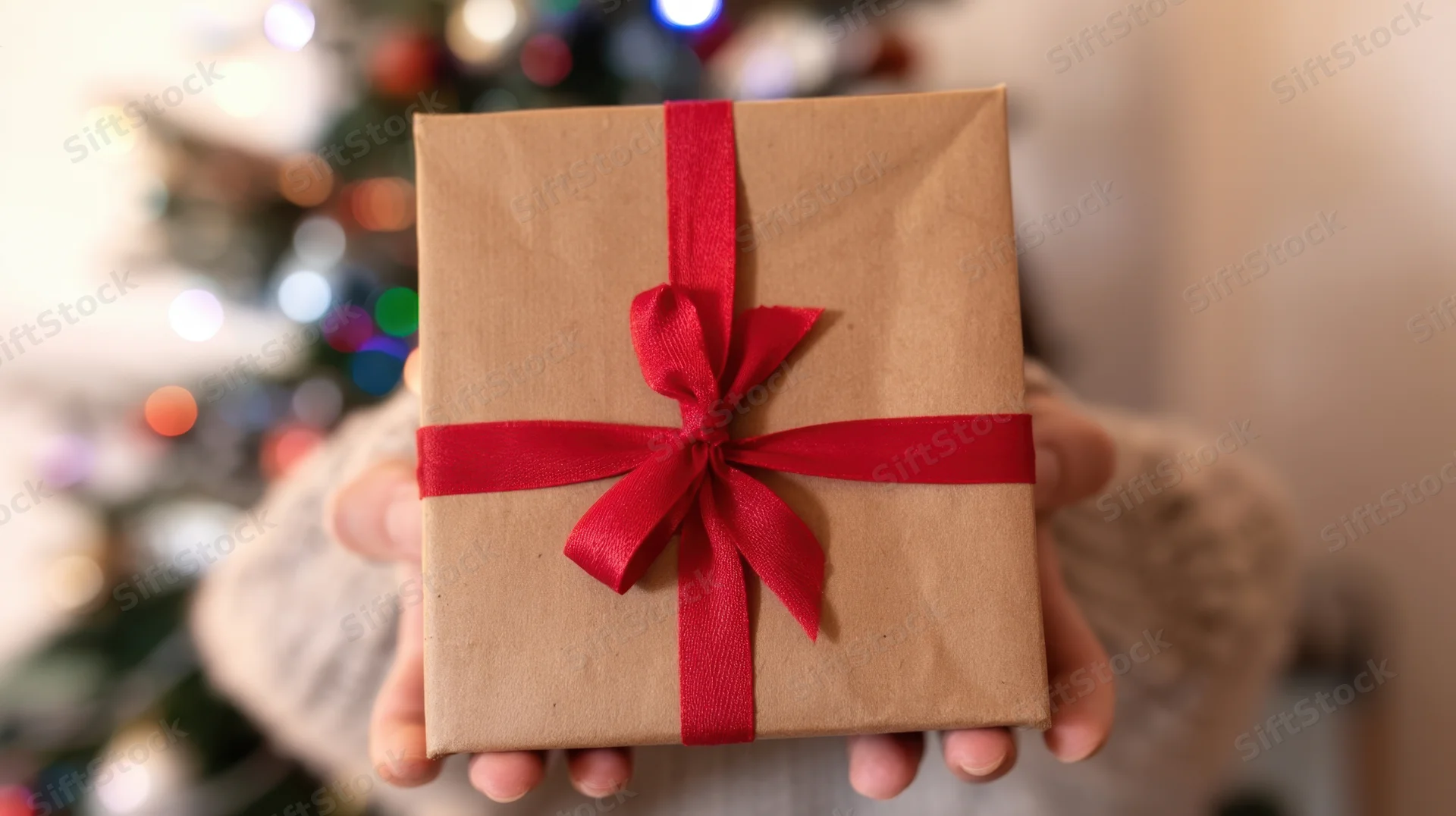 Hands holding a brown gift box with red ribbon in front of a blurred christmas tree with lights
