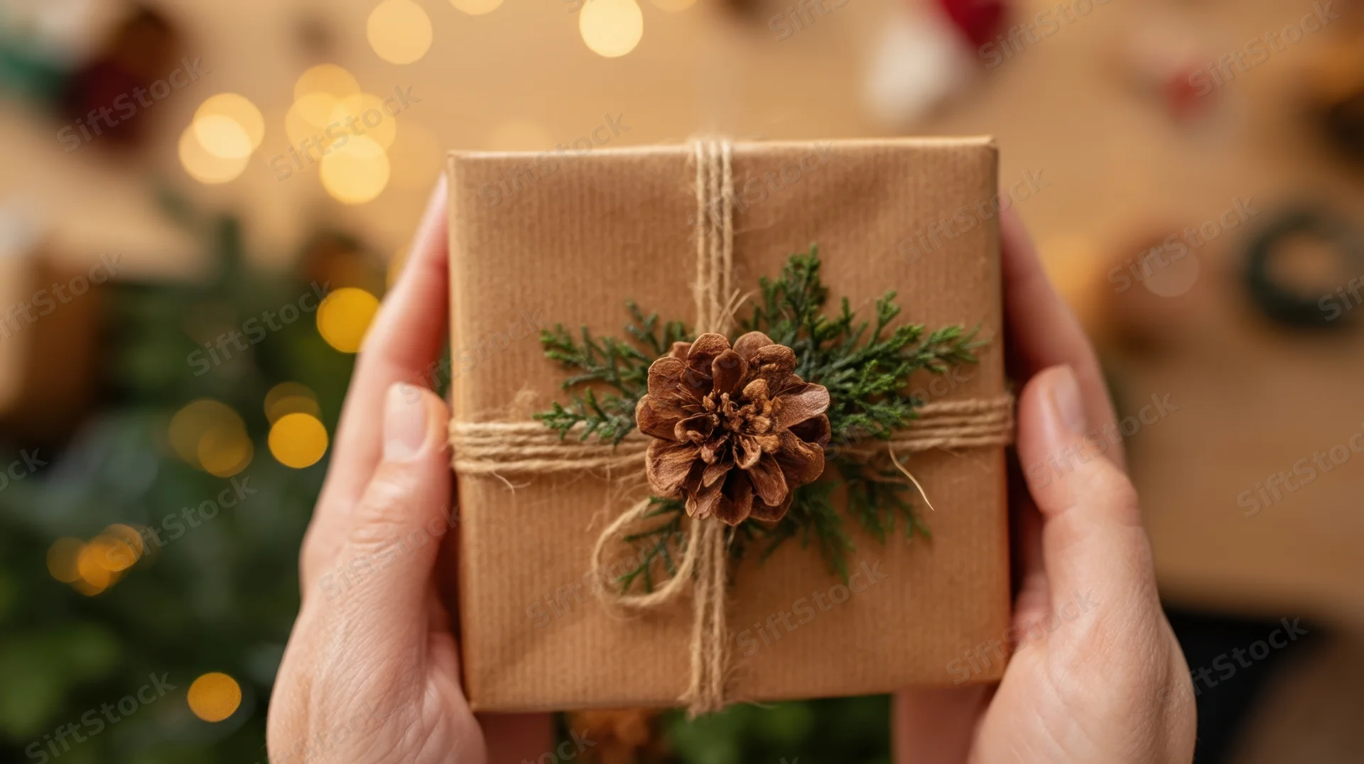 Hands holding a brown paper-wrapped gift decorated with pinecone and evergreen twigs against blurred holiday lights