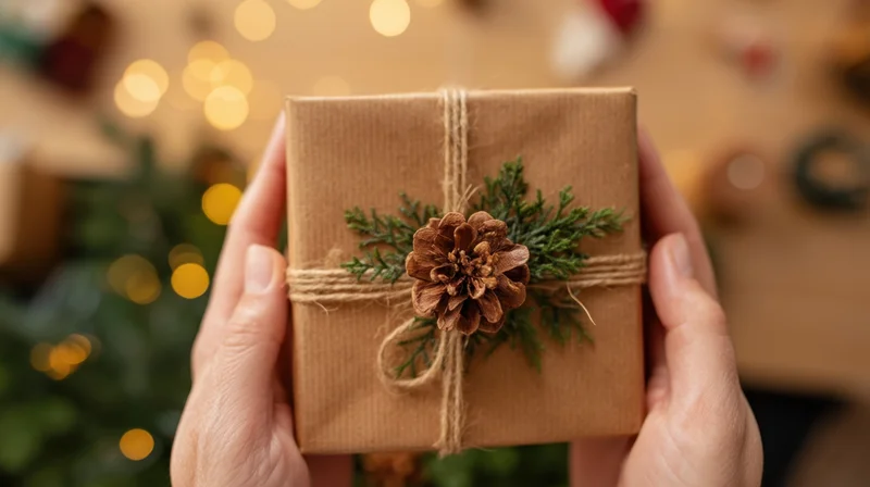 Hands holding a brown paper-wrapped gift decorated with pinecone and evergreen twigs against blurred holiday lights