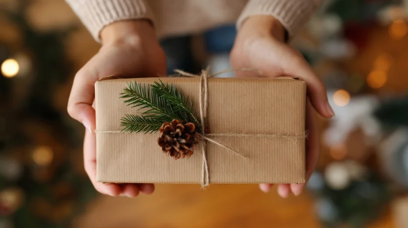 Hands holding a wrapped gift with pinecone and evergreen sprig in front of blurred christmas tree lights