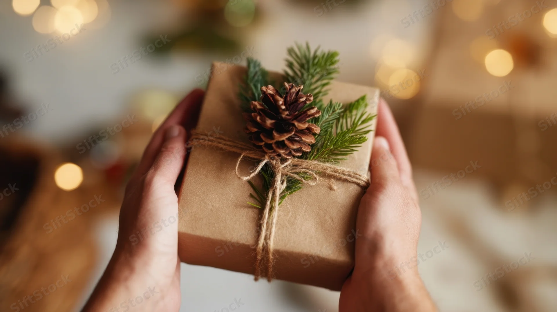 Hands holding a brown paper-wrapped gift adorned with pinecone and evergreen sprig against blurred festive lights