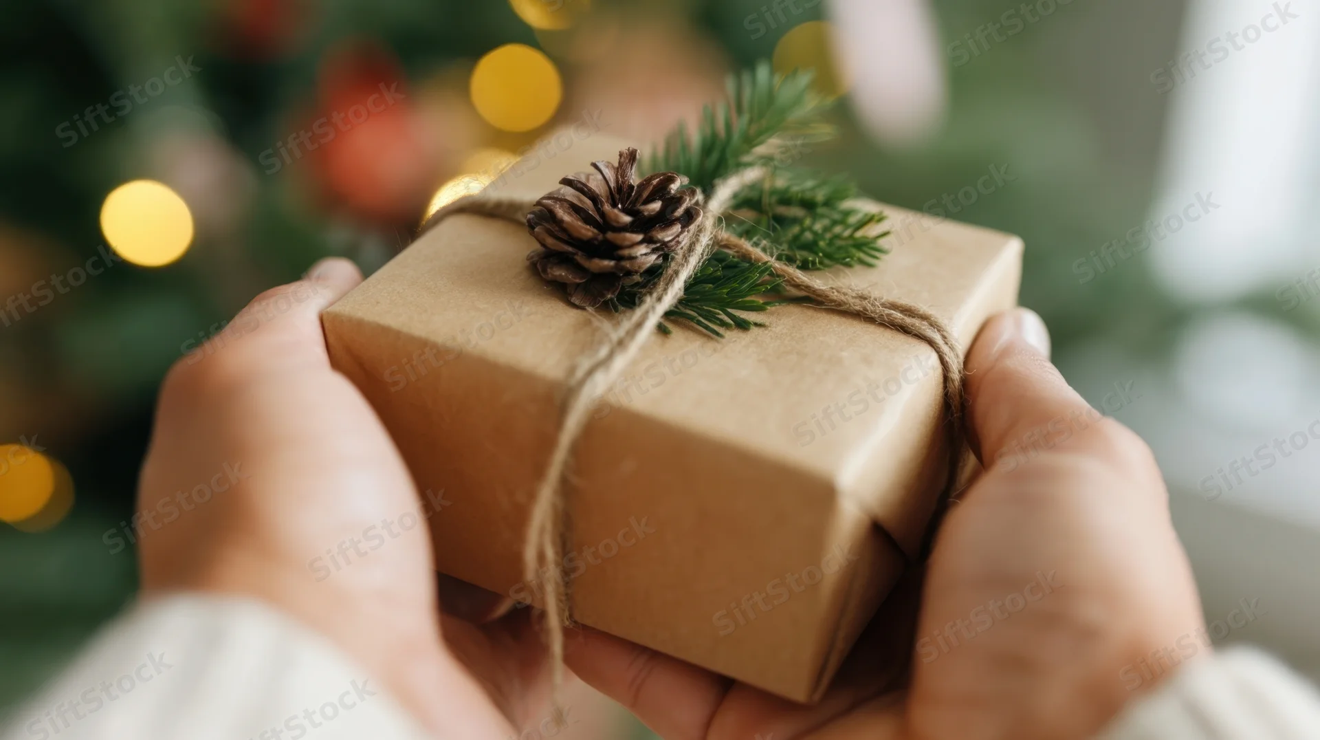 Hands holding a wrapped gift with pinecone and evergreen sprig in front of a blurred christmas tree with warm lights