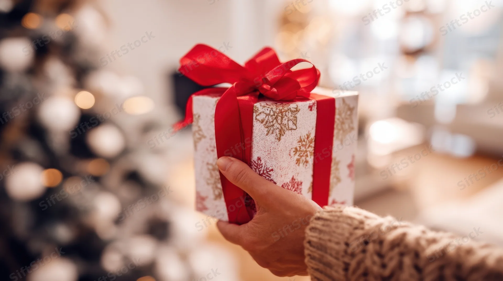 Hand holding a wrapped gift with red ribbon and snowflake pattern near a decorated christmas tree
