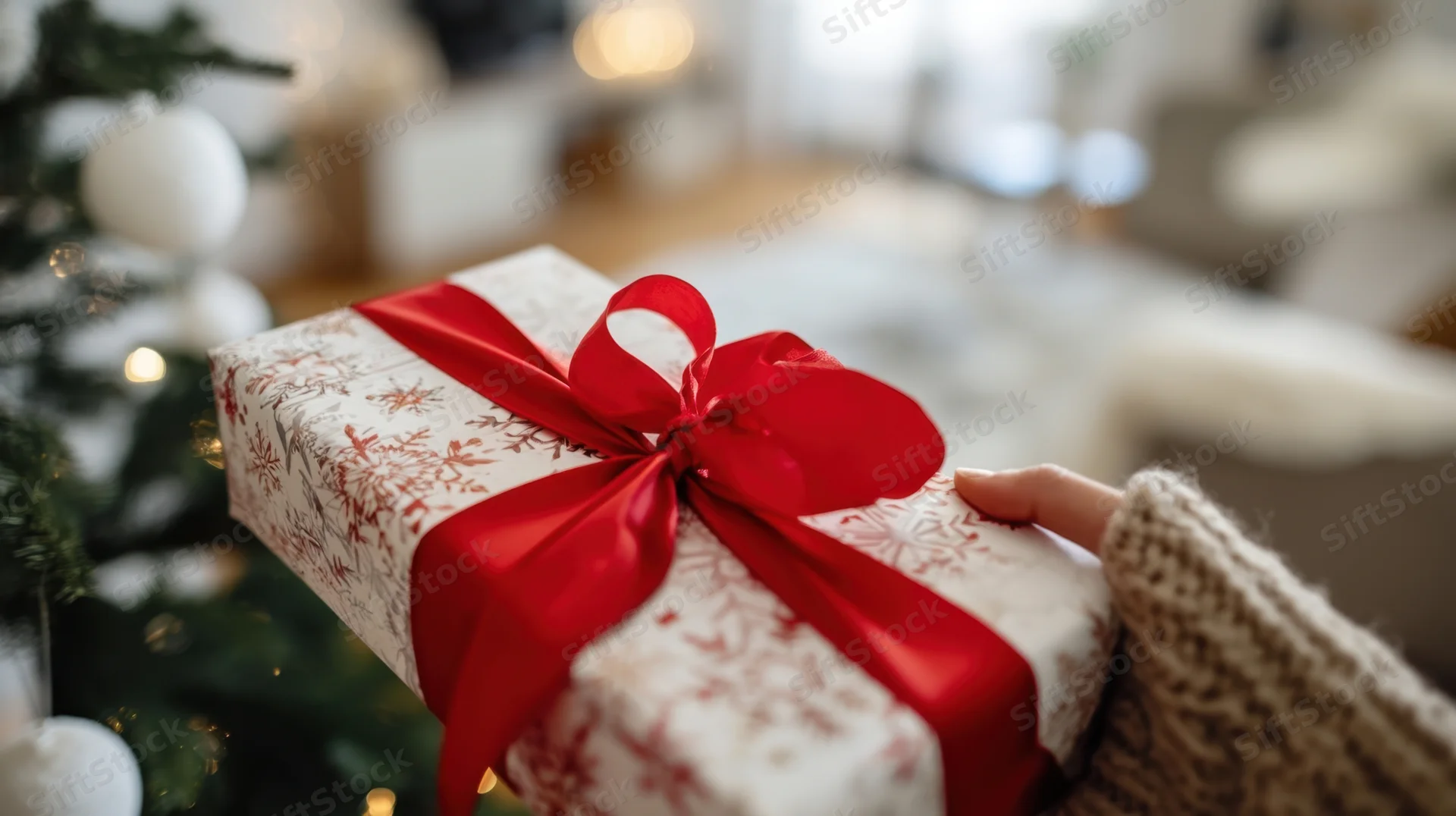 Hand holding a wrapped gift with red ribbon near a decorated christmas tree in a cozy home interior