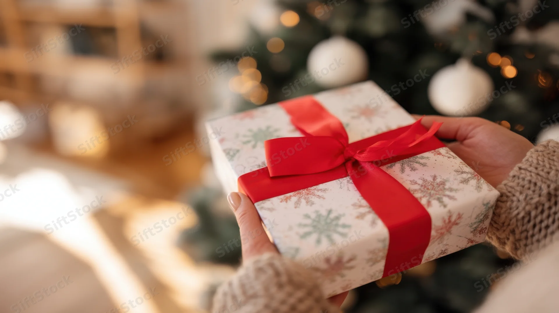Woman holding a wrapped gift with red ribbon in front of a decorated christmas tree