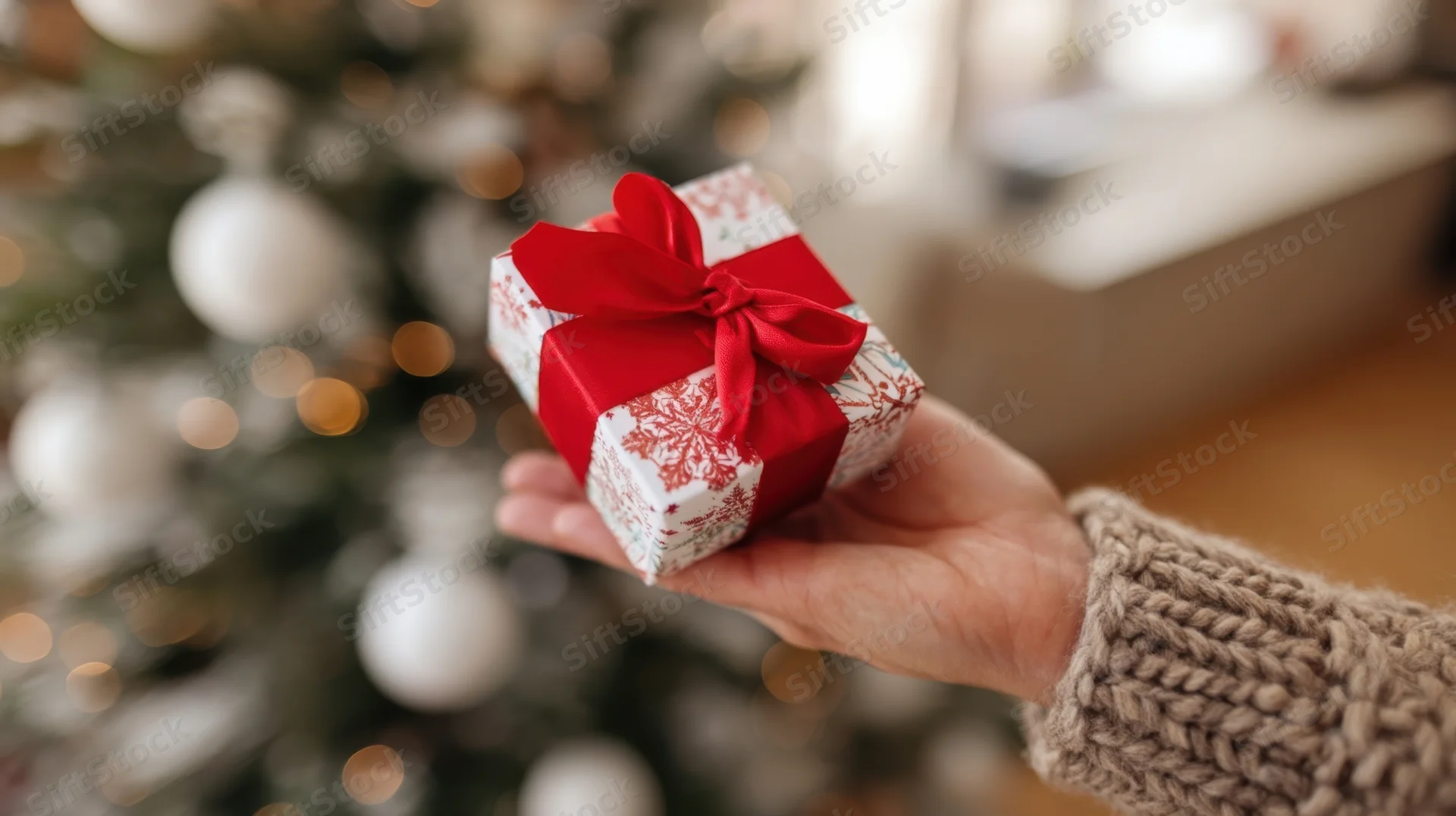 Hand holding a small wrapped gift with red ribbon in front of a decorated christmas tree
