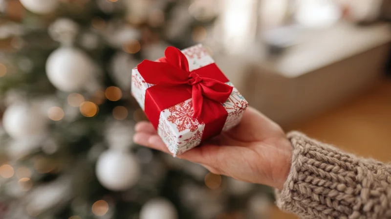 Hand holding a small wrapped gift with red ribbon in front of a decorated christmas tree