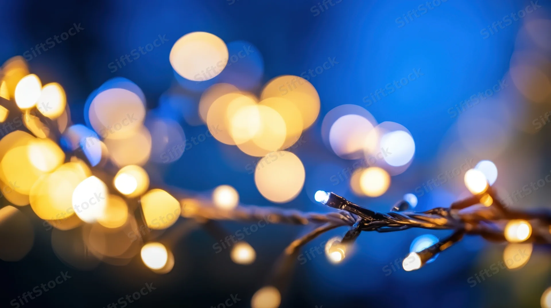 Glowing string lights with bokeh effect against a blue background