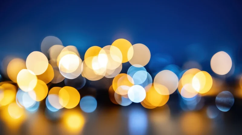 Blurred string lights glowing softly against a dark blue night sky