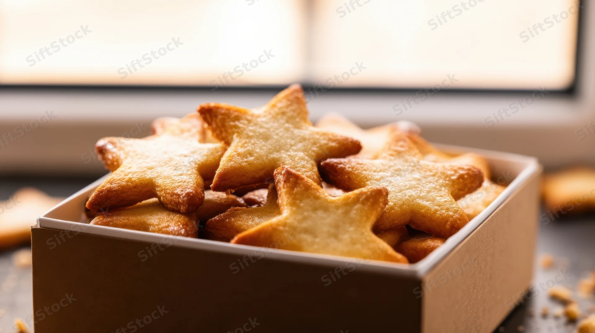 Star-shaped cookies in a box near a window