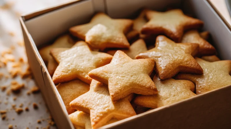 Star-shaped cookies in a cardboard box, golden-brown and sugar-coated, arranged for gifting