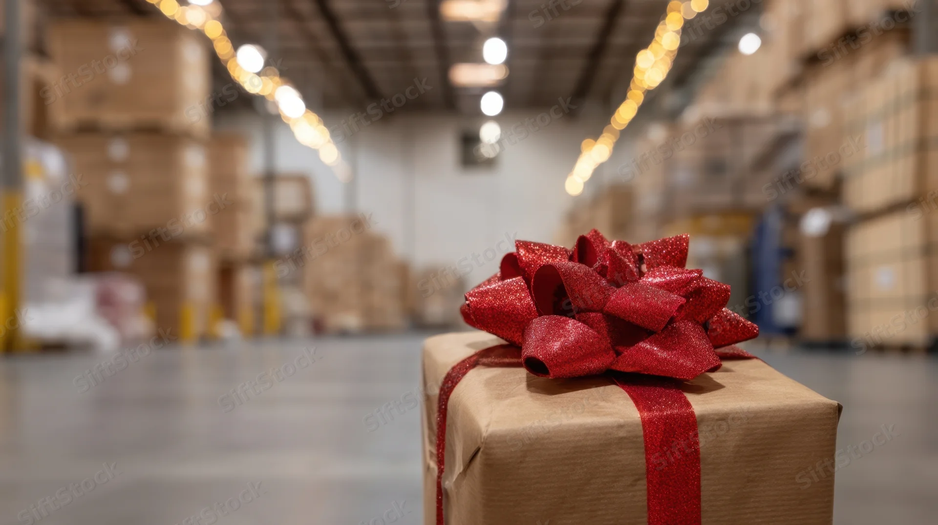 Gift box with red glittery ribbon and bow in a warehouse setting
