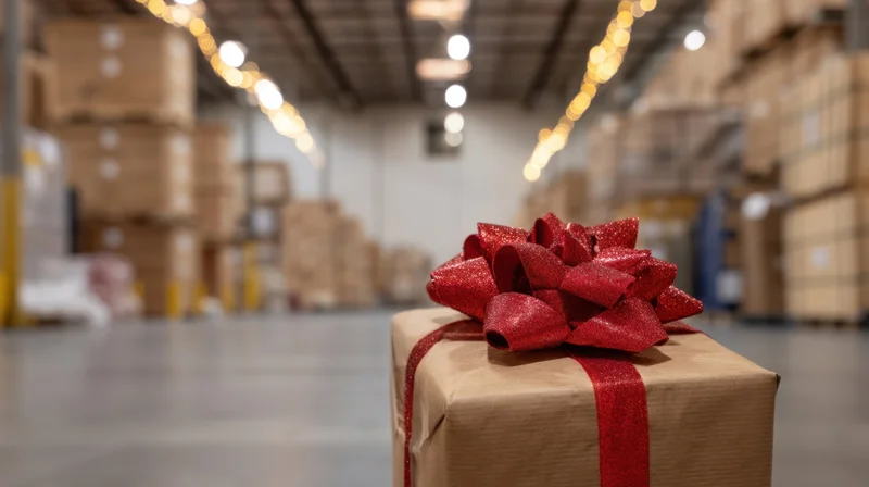 Gift box with red glittery ribbon and bow in a warehouse setting