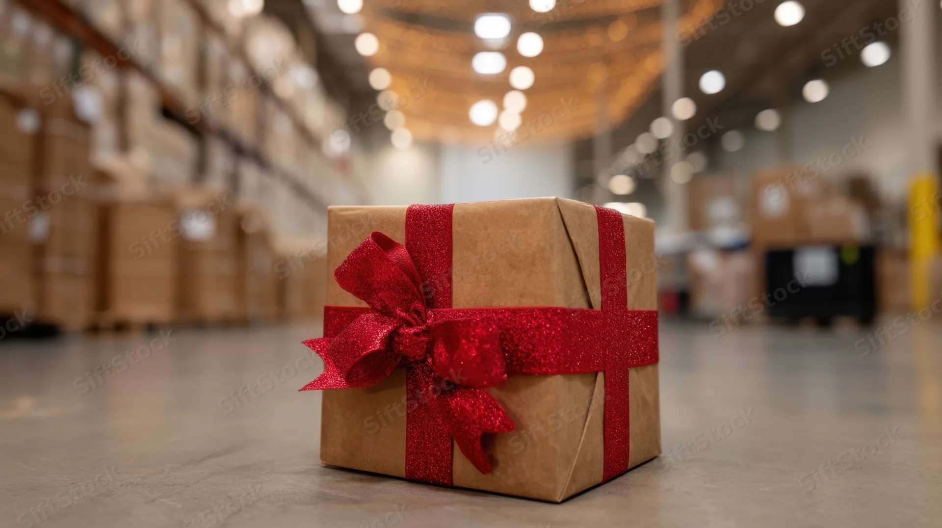 Wrapped gift box with red glitter ribbon on warehouse floor