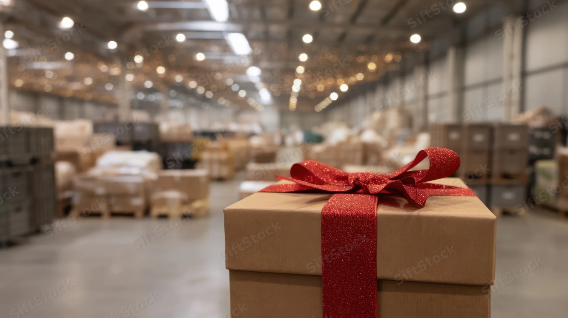 Brown gift box with red glittery ribbon and bow in a warehouse filled with stacked packages and pallets