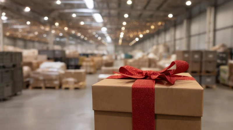 Brown gift box with red glittery ribbon and bow in a warehouse filled with stacked packages and pallets
