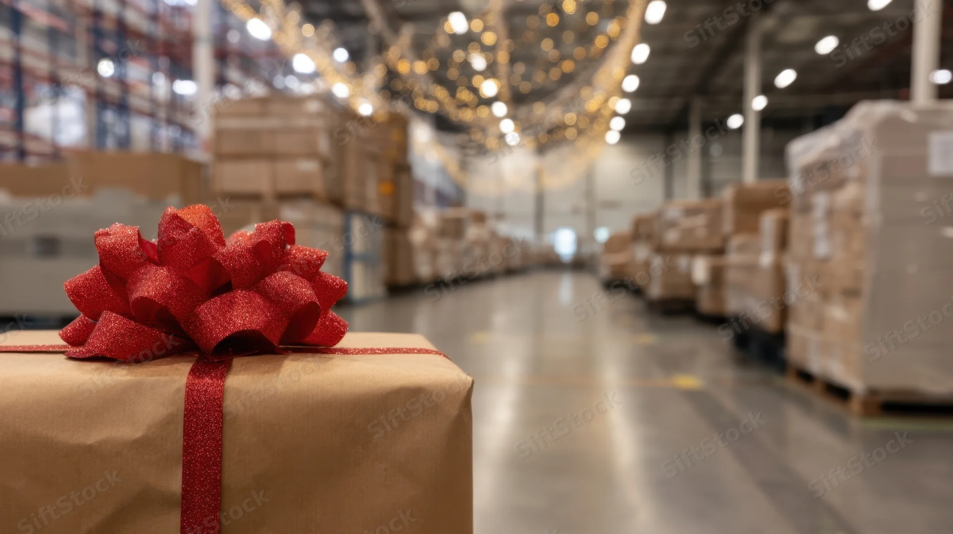 Brown gift box with red glittery ribbon and bow in a warehouse aisle lined with stacked packages and holiday lights