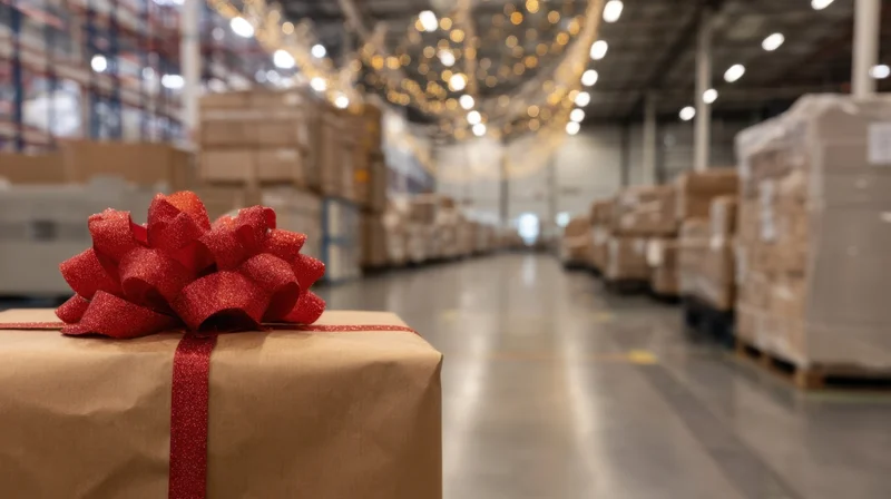 Brown gift box with red glittery ribbon and bow in a warehouse aisle lined with stacked packages and holiday lights
