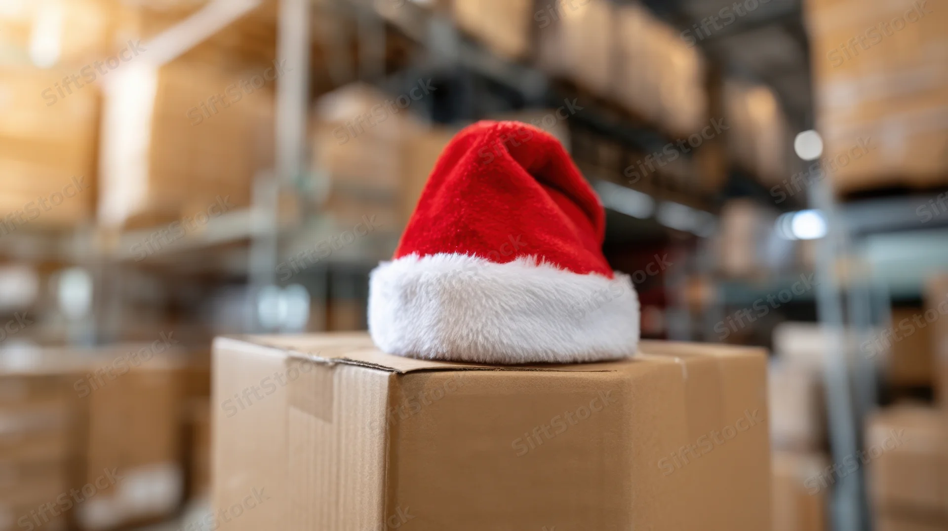 Red santa hat resting on cardboard box in warehouse storage area