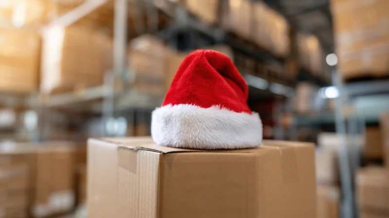 Red santa hat resting on cardboard box in warehouse storage area