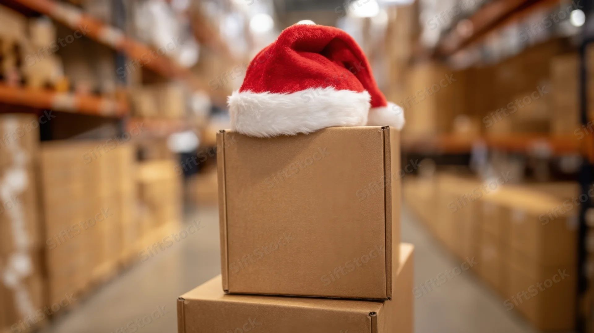 Cardboard box topped with red santa hat in warehouse aisle