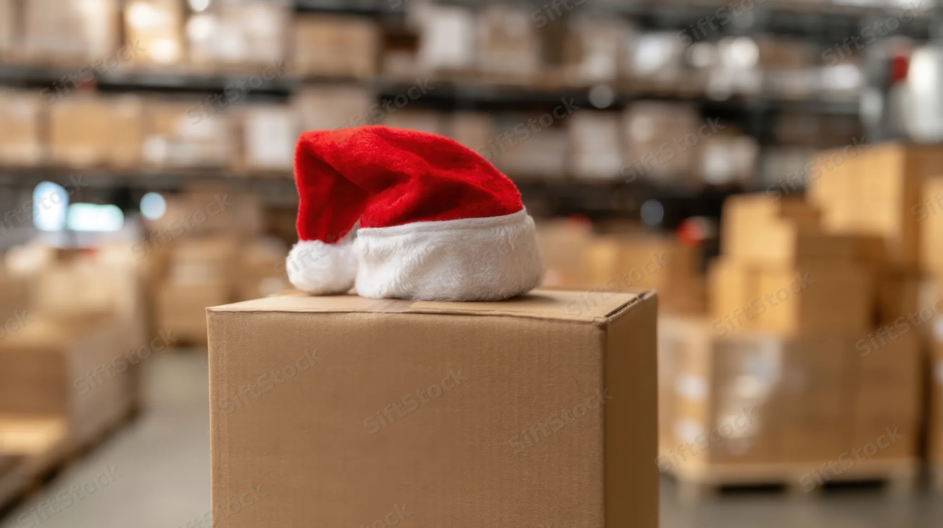 Red santa hat resting on cardboard box in warehouse storage area