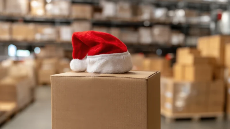 Red santa hat resting on cardboard box in warehouse storage area