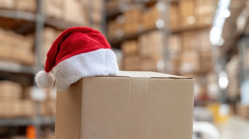 Red santa hat perched on cardboard box in warehouse storage area