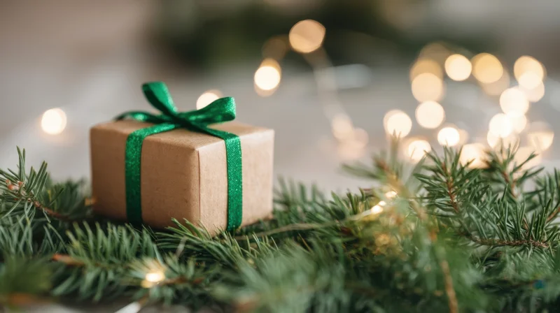 Small gift box wrapped in brown paper with green ribbon resting on pine branches with string lights in background