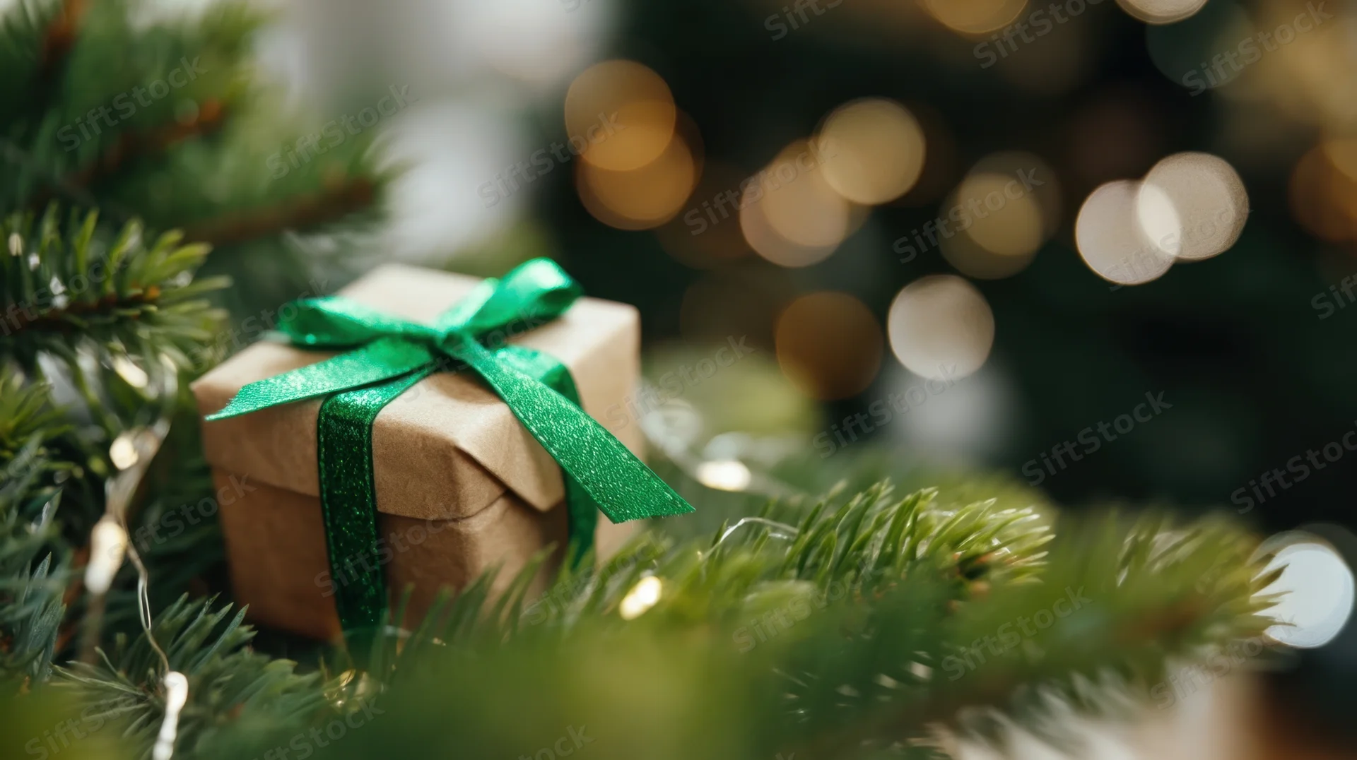 Small wrapped gift with green ribbon nestled among pine branches near glowing holiday lights