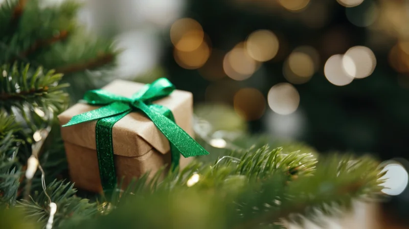 Small wrapped gift with green ribbon nestled among pine branches near glowing holiday lights
