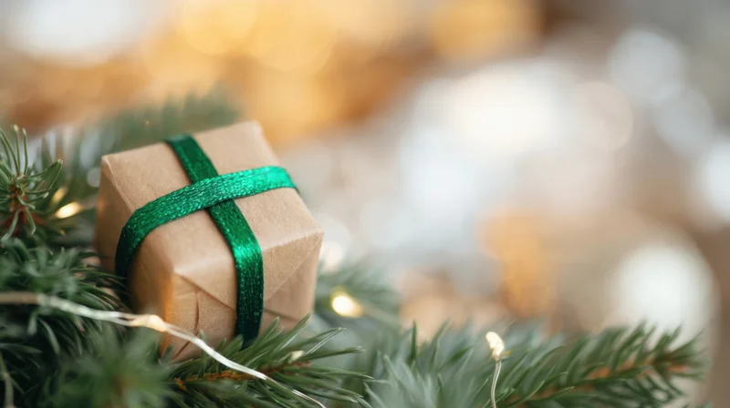Small gift wrapped in brown paper with green ribbon nestled among pine branches and fairy lights